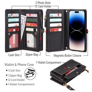 Amazon Black Wallet Phone Case with Zipper Coin Pocket and Card Slots